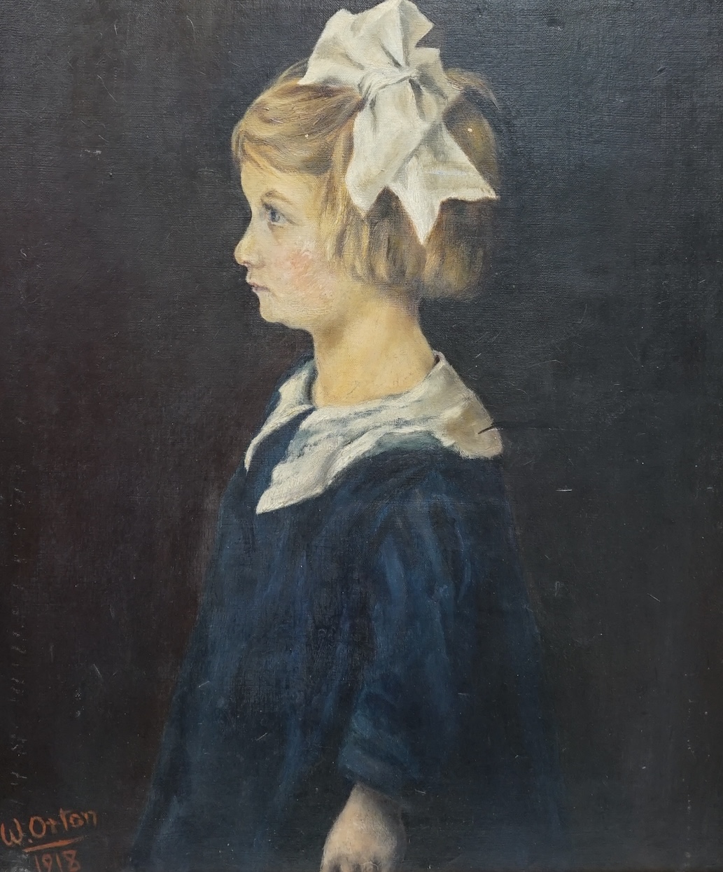 William Orton, oil on canvas, Portrait of a young girl, 'Peggy', signed and dated 1918, Royal Academy Exhibition details verso, 60 x 50cm. Condition - fair, general wear commensurate with age
